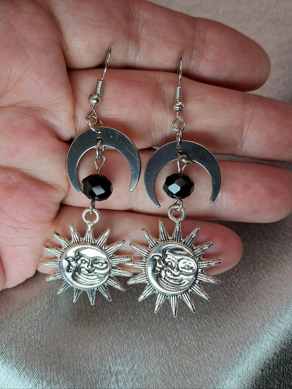 Sun & Moon Dangle Earrings w/ Black Crystal (Silvertone)